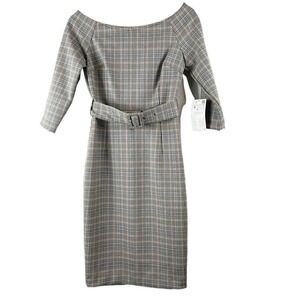 ZARA Navy Blue‎ & Cream Tartan Plaid Belted Sheath Dress NWT Size S
